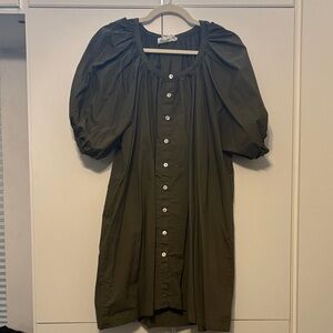 Tuckernuck Puff Sleeve Button Front Dress Olive Green Medium